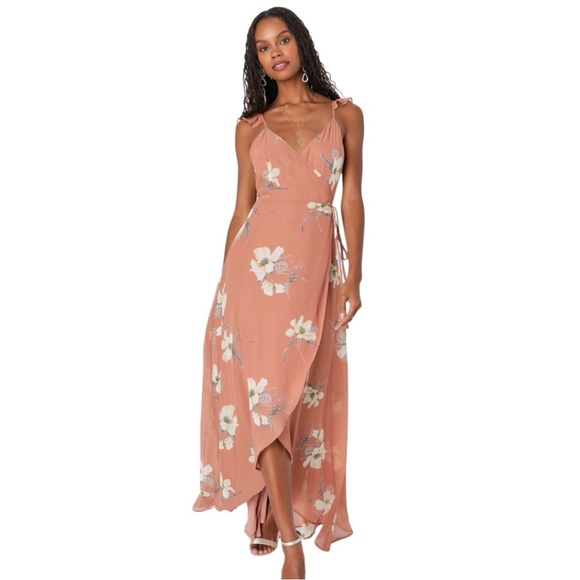 Lulus Dresses & Skirts - LULUS Rusty Rose High Low Maxi Wrap Dress  Size Adjustable S Boho Wedding Guest